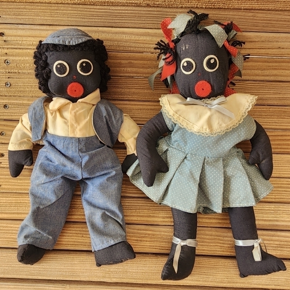 Vintage lot African American black Americana cloth doll set boy and girl boxhead